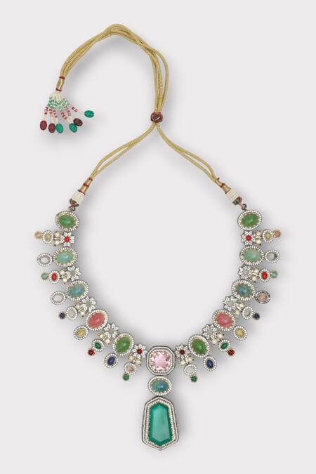 Buy_Zaza By Somya_Multi Color Stones Cherish Geometric Studded Necklace Set _Online_at_Aza_Fashions