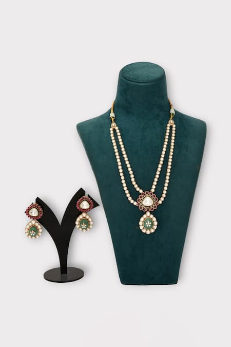 Shop Zaza By Somya Pink Pearls, Stones Enchant Polki Studded Double Layer Necklace Set at Aza Fashions Shop_Zaza By Somya_Pink Pearls, Stones Enchant Polki Studded Double Layer Necklace Set _at_Aza_Fashions