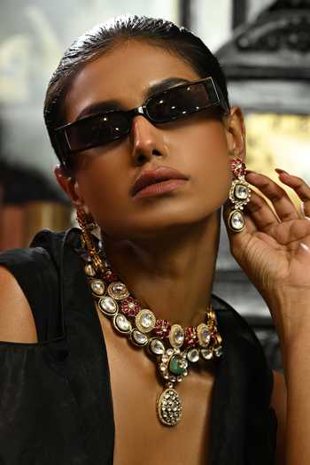 Buy_Zaza By Somya_Pink Pearls, Stones Floral Geometric Polki Studded Necklace Set _Online_at_Aza_Fashions