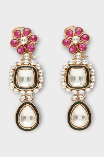 Shop_Zaza By Somya_Pink Pearls, Stones Floral Geometric Polki Studded Necklace Set _Online_at_Aza_Fashions
