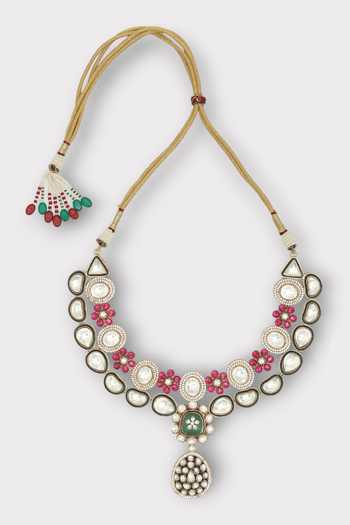 Zaza By Somya_Pink Pearls, Stones Floral Geometric Polki Studded Necklace Set _at_Aza_Fashions