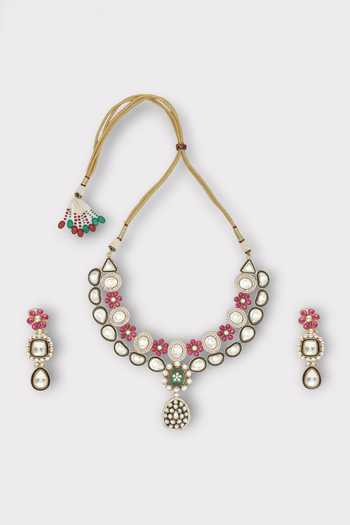 Buy_Zaza By Somya_Pink Pearls, Stones Floral Geometric Polki Studded Necklace Set 
