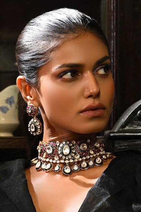 Zaza By Somya_Red Diamonds, Stones Royal Highness Polki Choker Necklace Set _Online_at_Aza_Fashions