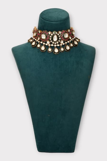 Zaza By Somya Red Diamonds, Stones Royal Highness Polki Choker Necklace Set at Aza Fashions Zaza By Somya_Red Diamonds, Stones Royal Highness Polki Choker Necklace Set _at_Aza_Fashions