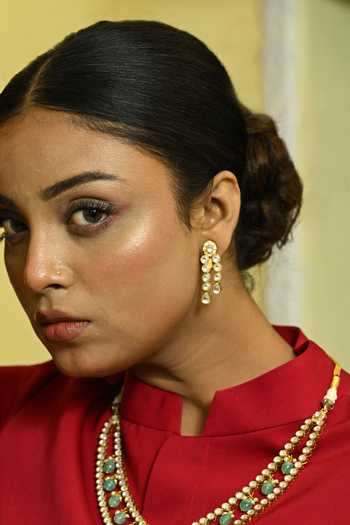 Zaza By Somya_Green Beads, Pearls, Diamonds Swoon Double Layer Polki Studded Necklace Set _Online_at_Aza_Fashions