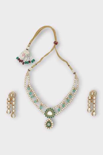 Shop Zaza By Somya Green Beads, Pearls, Diamonds Swoon Double Layer Polki Studded Necklace Set Online at Aza Fashions Shop_Zaza By Somya_Green Beads, Pearls, Diamonds Swoon Double Layer Polki Studded Necklace Set _Online_at_Aza_Fashions