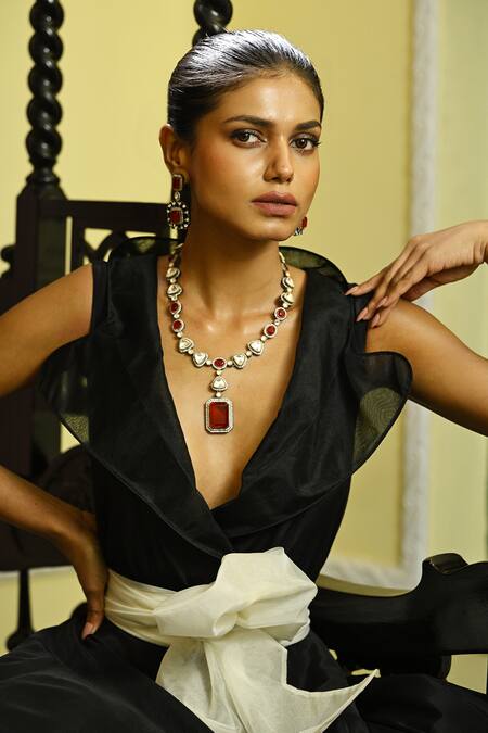 Zaza By Somya_Red Fabric Flowers, Diamonds Ton Synthetic Ruby Studded Necklace Set _Online_at_Aza_Fashions