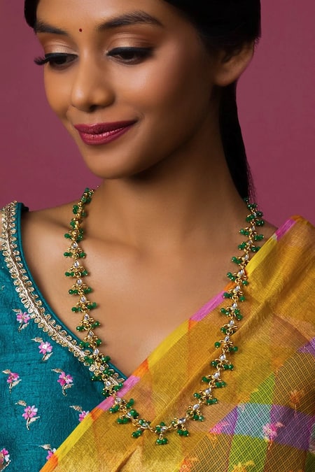 Shop_Queens Jewels_Green Biya Kundan Embellished Mala _at_Aza_Fashions