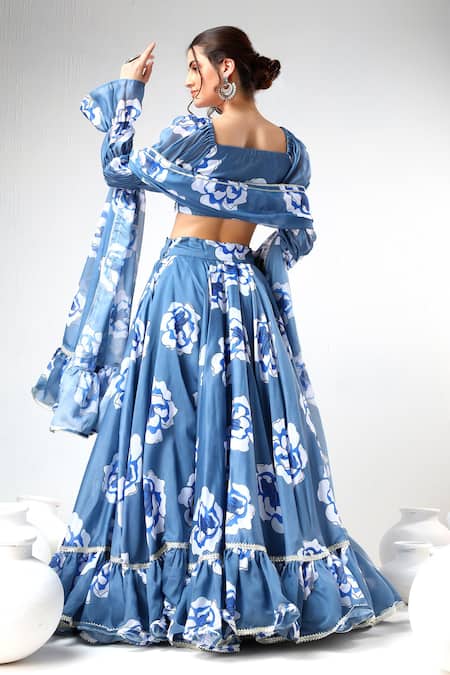 Pomcha Jaipur Floral Print Organza Ruffled Lehenga Set 