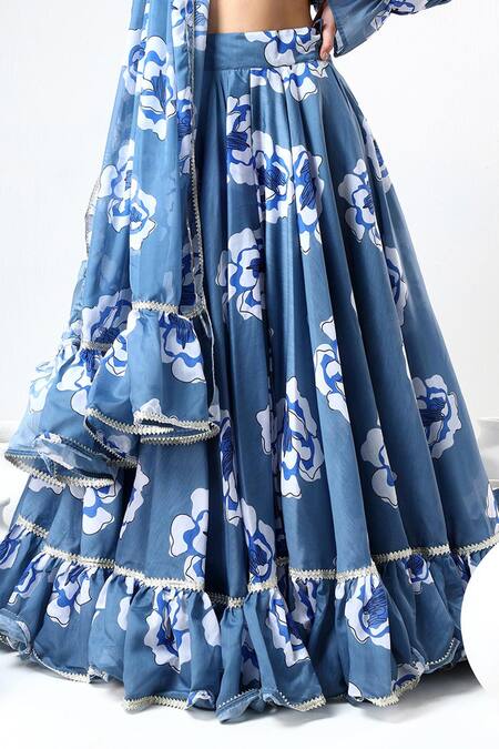 Buy_Pomcha Jaipur_Blue Organza, Cotton Embroidery, Gota Patti Floral Print Ruffled Lehenga Set _Online_at_Aza_Fashions