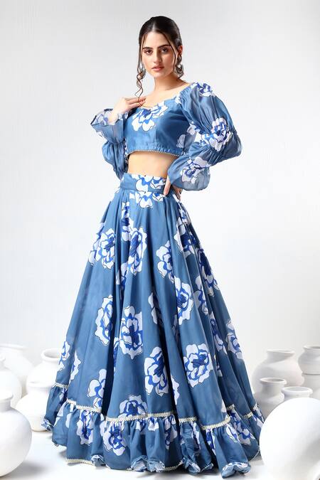 Shop_Pomcha Jaipur_Blue Organza, Cotton Embroidery, Gota Patti Floral Print Ruffled Lehenga Set _Online_at_Aza_Fashions