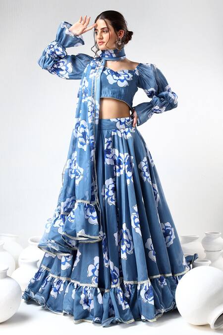 Pomcha Jaipur_Blue Organza, Cotton Embroidery, Gota Patti Floral Print Ruffled Lehenga Set _at_Aza_Fashions