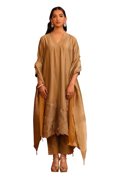 Buy Omana By Ranjana Bothra Beige Cotton Satin, Crepe Applique V-neck Floral Kurta Trouser Set Online at Aza Fashions Buy_Omana By Ranjana Bothra_Beige Cotton Satin, Crepe Applique V-neck Floral Kurta Trouser Set _Online_at_Aza_Fashions