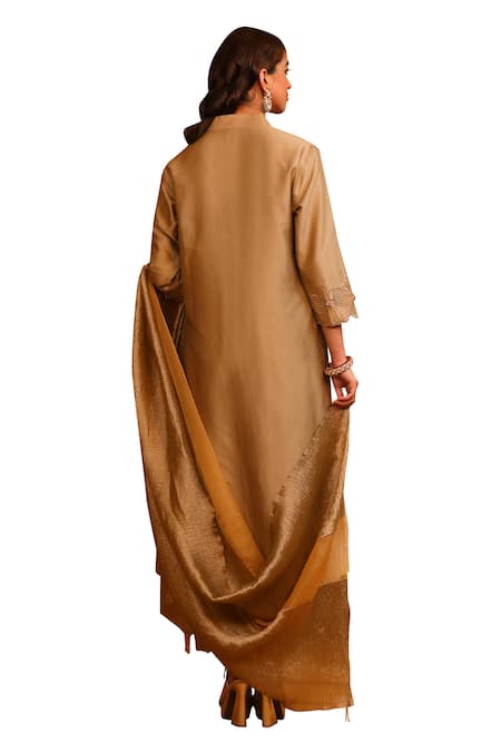 Buy Omana By Ranjana Bothra Beige Cotton Satin, Crepe Applique V-neck Floral Kurta Trouser Set Buy_Omana By Ranjana Bothra_Beige Cotton Satin, Crepe Applique V-neck Floral Kurta Trouser Set