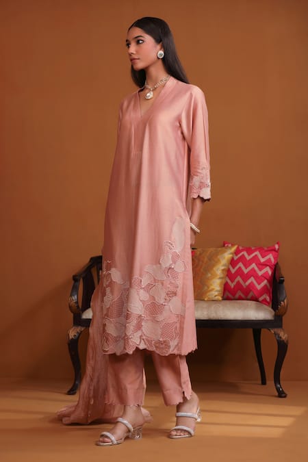 Buy Omana By Ranjana Bothra Pink Cotton Satin, Silk, Crepe Applique V-neck Floral Kurta Trouser Set Buy_Omana By Ranjana Bothra_Pink Cotton Satin, Silk, Crepe Applique V-neck Floral Kurta Trouser Set