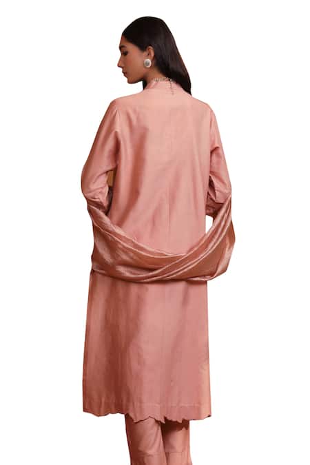 Shop Omana By Ranjana Bothra Pink Cotton Satin, Silk, Crepe Applique V-neck Floral Kurta Trouser Set Shop_Omana By Ranjana Bothra_Pink Cotton Satin, Silk, Crepe Applique V-neck Floral Kurta Trouser Set