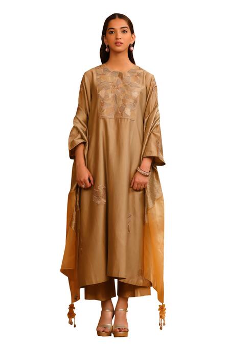 Buy_Omana By Ranjana Bothra_Brown Cotton Satin, Crepe, Silk, Organza Embroidery, Floral Kurta Trouser Set_Online_at_Aza_Fashions