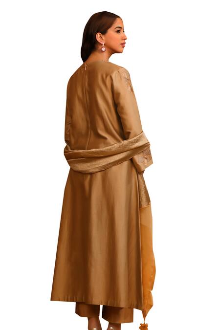 Buy_Omana By Ranjana Bothra_Brown Cotton Satin, Crepe, Silk, Organza Embroidery, Floral Kurta Trouser Set
