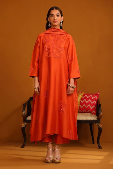 Buy_Omana By Ranjana Bothra_Orange Cotton Satin, Silk Applique, Tassels Round Floral Kurta Trouser Set _Online_at_Aza_Fashions