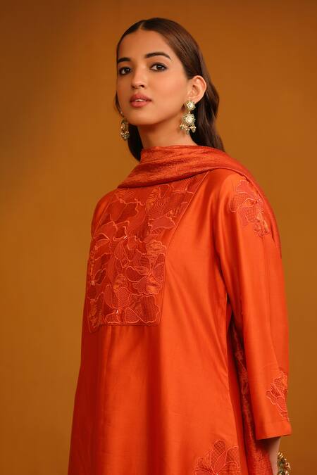 Shop_Omana By Ranjana Bothra_Orange Cotton Satin, Silk Applique, Tassels Round Floral Kurta Trouser Set _Online_at_Aza_Fashions