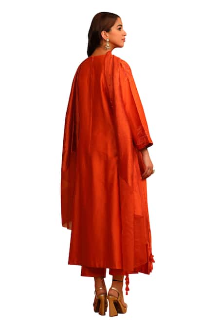 Buy_Omana By Ranjana Bothra_Orange Cotton Satin, Silk Applique, Tassels Round Floral Kurta Trouser Set 
