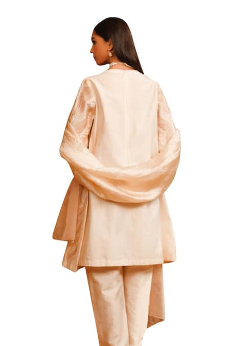 Shop Omana By Ranjana Bothra Ivory Cotton Satin, Crepe Applique, Beads Split V-neck Floral Kurta Trouser Set Online at Aza Fashions Shop_Omana By Ranjana Bothra_Ivory Cotton Satin, Crepe Applique, Beads Split V-neck Floral Kurta Trouser Set _Online_at_Aza_Fashions