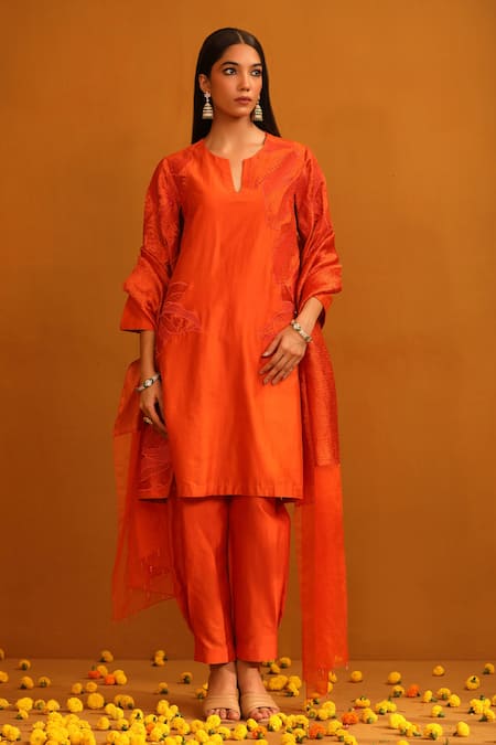 OMANA BY RANJANA BOTHRA Orange Kurta And Trouser Cotton Satin Applique Huma Flower Patch Work Set 