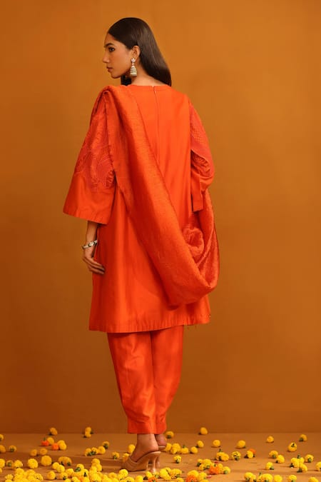 Omana By Ranjana Bothra Floral Applique Orange Kurta Trouser Set 