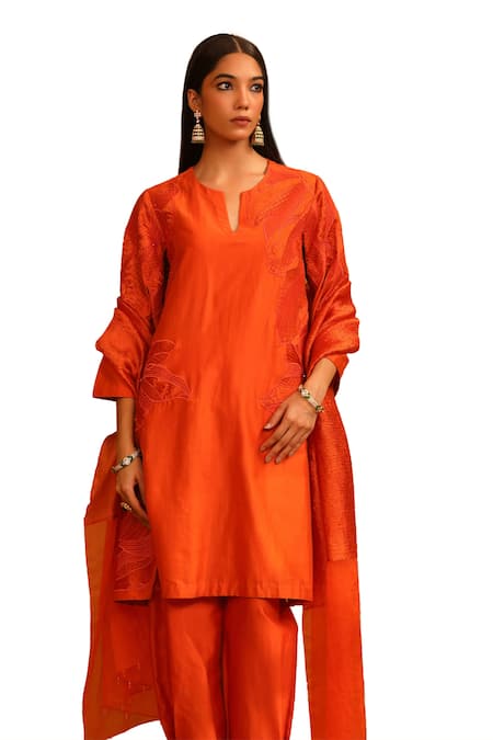 Shop Omana By Ranjana Bothra Orange Cotton Satin, Crepe Embroidery Split Floral Applique Kurta Trouser Set Shop_Omana By Ranjana Bothra_Orange Cotton Satin, Crepe Embroidery Split Floral Applique Kurta Trouser Set