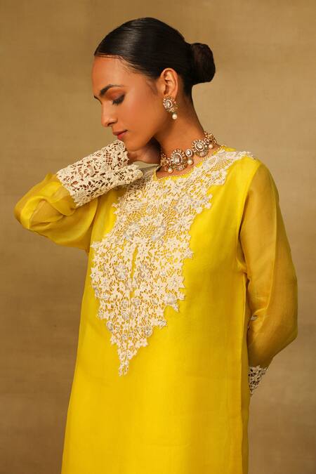 Neha Poddar_Yellow Organza, Silk Cut Work, Sequins Round Neck Cutwork Embroidered Kurta Set _Online_at_Aza_Fashions