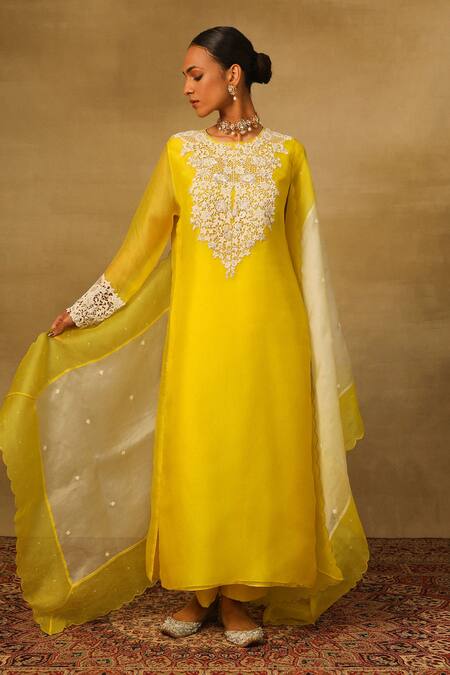 Buy_Neha Poddar_Yellow Organza, Silk Cut Work, Sequins Round Neck Cutwork Embroidered Kurta Set _Online_at_Aza_Fashions