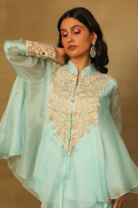 Buy Neha Poddar Blue Silk, Satin Mandarin Collar Cutwork Embroidered Cape Top Skirt Set Online at Aza Fashions Buy_Neha Poddar_Blue Silk, Satin Mandarin Collar Cutwork Embroidered Cape Top Skirt Set _Online_at_Aza_Fashions