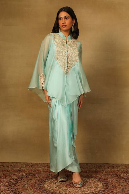 Shop Neha Poddar Blue Silk, Satin Mandarin Collar Cutwork Embroidered Cape Top Skirt Set Online at Aza Fashions Shop_Neha Poddar_Blue Silk, Satin Mandarin Collar Cutwork Embroidered Cape Top Skirt Set _Online_at_Aza_Fashions