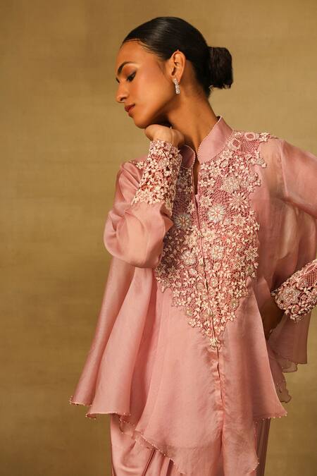 Neha Poddar_Pink Silk, Satin Cut Work, Embroidery Mandarin Cutwork Cape Top And Skirt Set _Online_at_Aza_Fashions