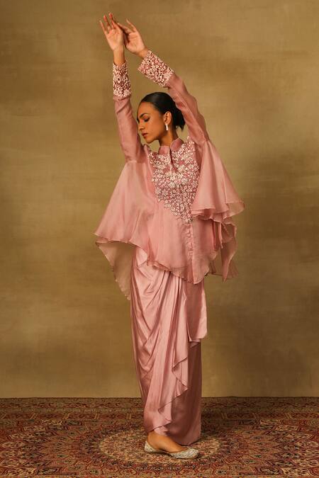 Buy_Neha Poddar_Pink Silk, Satin Cut Work, Embroidery Mandarin Cutwork Cape Top And Skirt Set _Online_at_Aza_Fashions