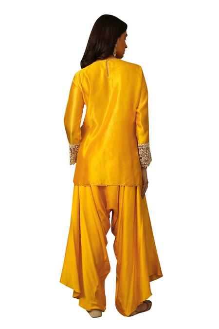 Neha Poddar_Yellow Silk, Satin Embroidery Round Neck Cutwork Kurta Set _Online_at_Aza_Fashions