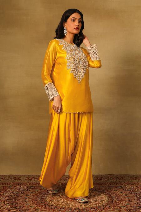 Buy_Neha Poddar_Yellow Silk, Satin Embroidery Round Neck Cutwork Kurta Set _Online_at_Aza_Fashions