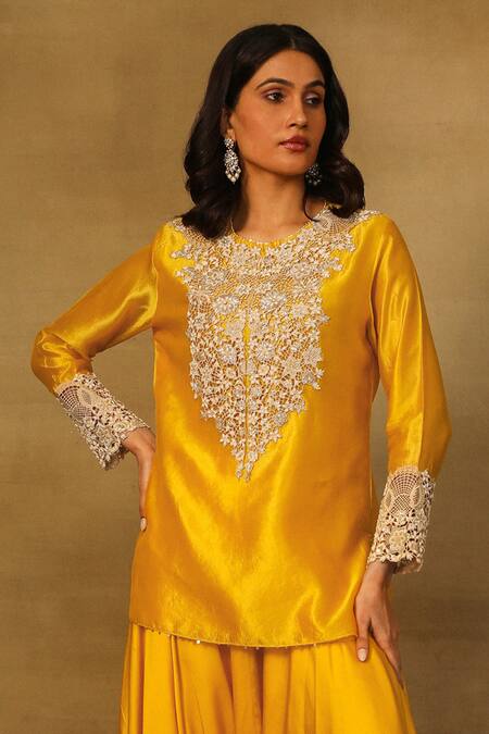 Shop_Neha Poddar_Yellow Silk, Satin Embroidery Round Neck Cutwork Kurta Set _Online_at_Aza_Fashions