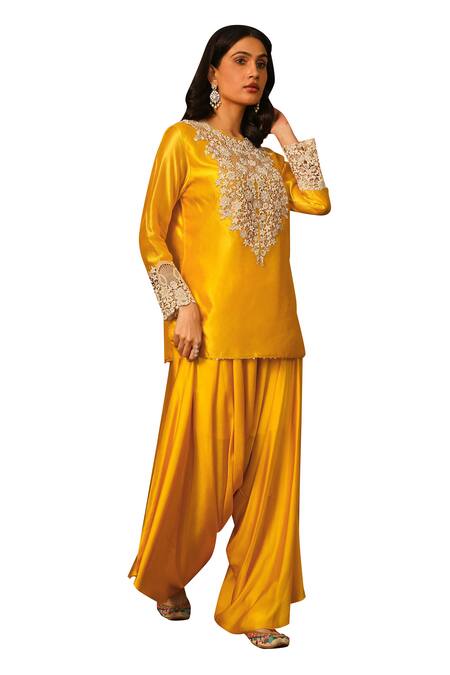Neha Poddar_Yellow Silk, Satin Embroidery Round Neck Cutwork Kurta Set _at_Aza_Fashions