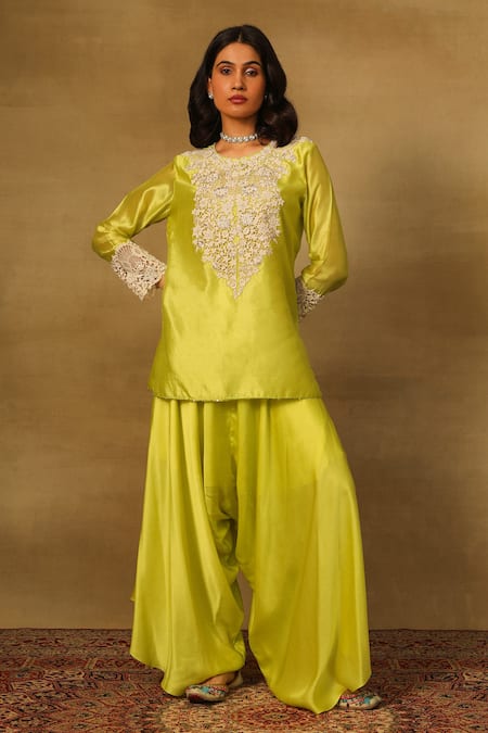 Neha Poddar Green Kurta Silk Embroidered Cutwork Round Short With Harem Pant 