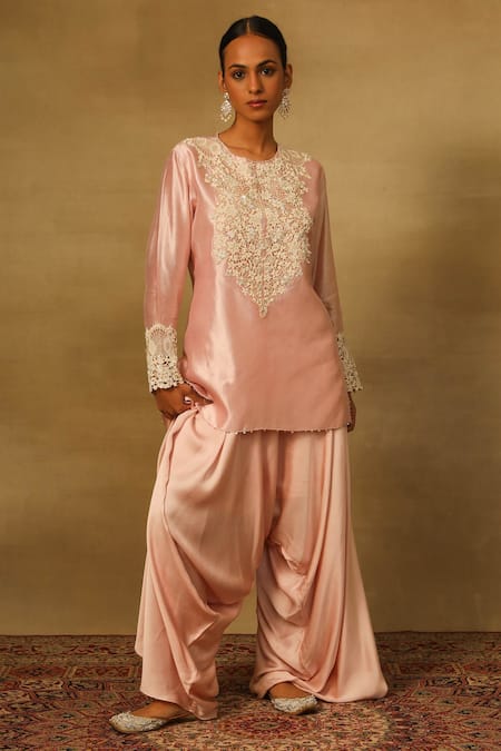 Neha Poddar Pink Kurta Silk Embroidered Cutwork Round Short And Harem Pant Set 