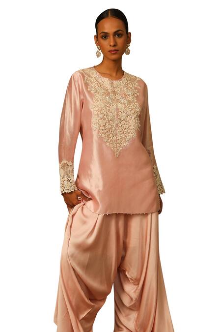 Neha Poddar_Pink Silk, Satin Embroidery Round Neck Cutwork Kurta And Harem Pant Set _Online_at_Aza_Fashions