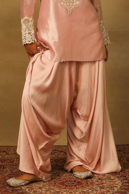 Buy_Neha Poddar_Pink Silk, Satin Embroidery Round Neck Cutwork Kurta And Harem Pant Set _Online_at_Aza_Fashions