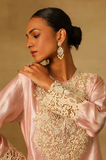 Neha Poddar_Pink Silk, Satin Embroidery Round Neck Cutwork Kurta And Harem Pant Set _at_Aza_Fashions