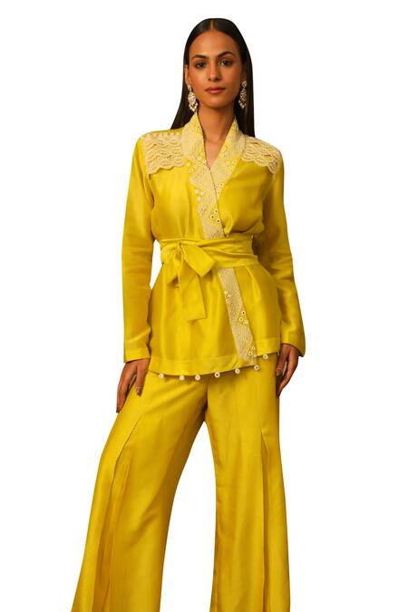 Neha Poddar_Yellow Pant Summer Silk Embroidered Mirror Lapel Blazer And Set _Online_at_Aza_Fashions
