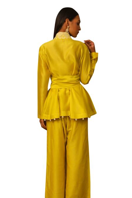 Buy_Neha Poddar_Yellow Pant Summer Silk Embroidered Mirror Lapel Blazer And Set _Online_at_Aza_Fashions