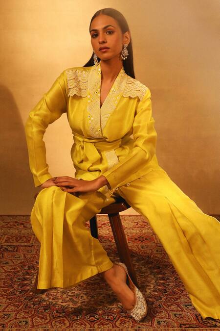 Neha Poddar_Yellow Pant Summer Silk Embroidered Mirror Lapel Blazer And Set _at_Aza_Fashions