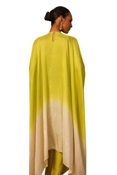 Neha Poddar Green Silk Embroidery Round Neck Cutwork Kaftan And Tulip Pant Set Online at Aza Fashions Neha Poddar_Green Silk Embroidery Round Neck Cutwork Kaftan And Tulip Pant Set _Online_at_Aza_Fashions