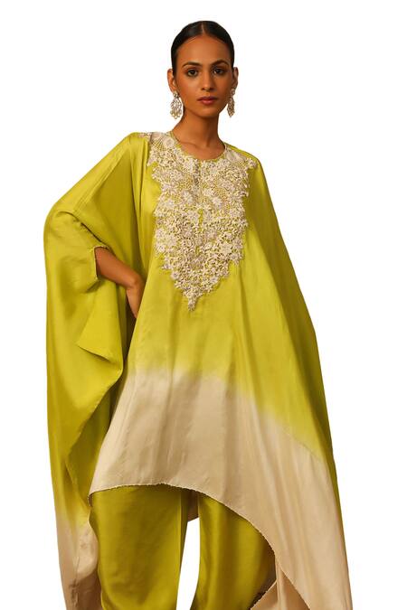 Buy Neha Poddar Green Silk Embroidery Round Neck Cutwork Kaftan And Tulip Pant Set Online at Aza Fashions Buy_Neha Poddar_Green Silk Embroidery Round Neck Cutwork Kaftan And Tulip Pant Set _Online_at_Aza_Fashions
