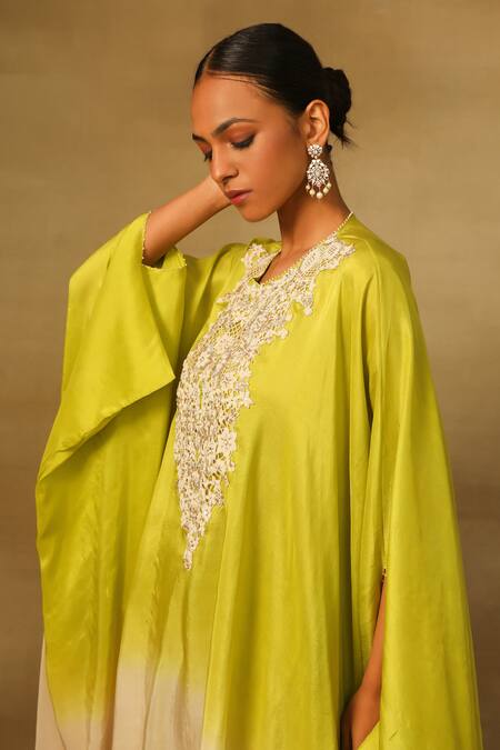 Shop Neha Poddar Green Silk Embroidery Round Neck Cutwork Kaftan And Tulip Pant Set Online at Aza Fashions Shop_Neha Poddar_Green Silk Embroidery Round Neck Cutwork Kaftan And Tulip Pant Set _Online_at_Aza_Fashions
